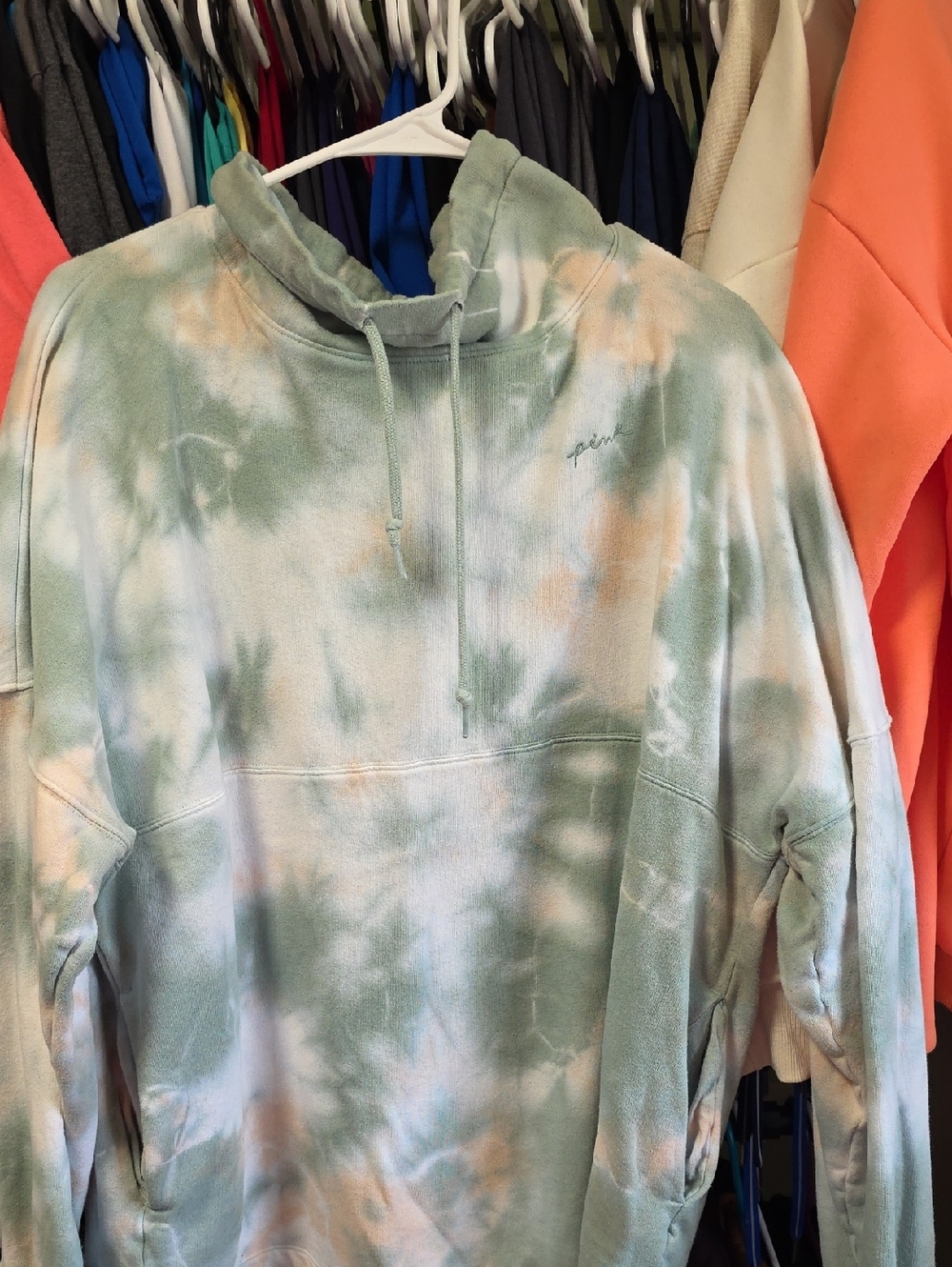 PINK Victoria's Secret Tie-Dye Pullover Hoodie in Sage, Cream & Peach